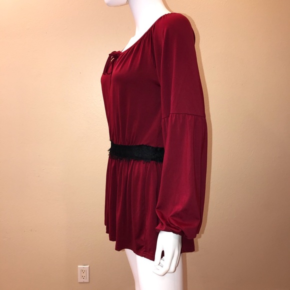 Kaktus Burgundy Jersey Top Womens Size Small Black Lace Trim Swing Tee - Picture 10 of 14